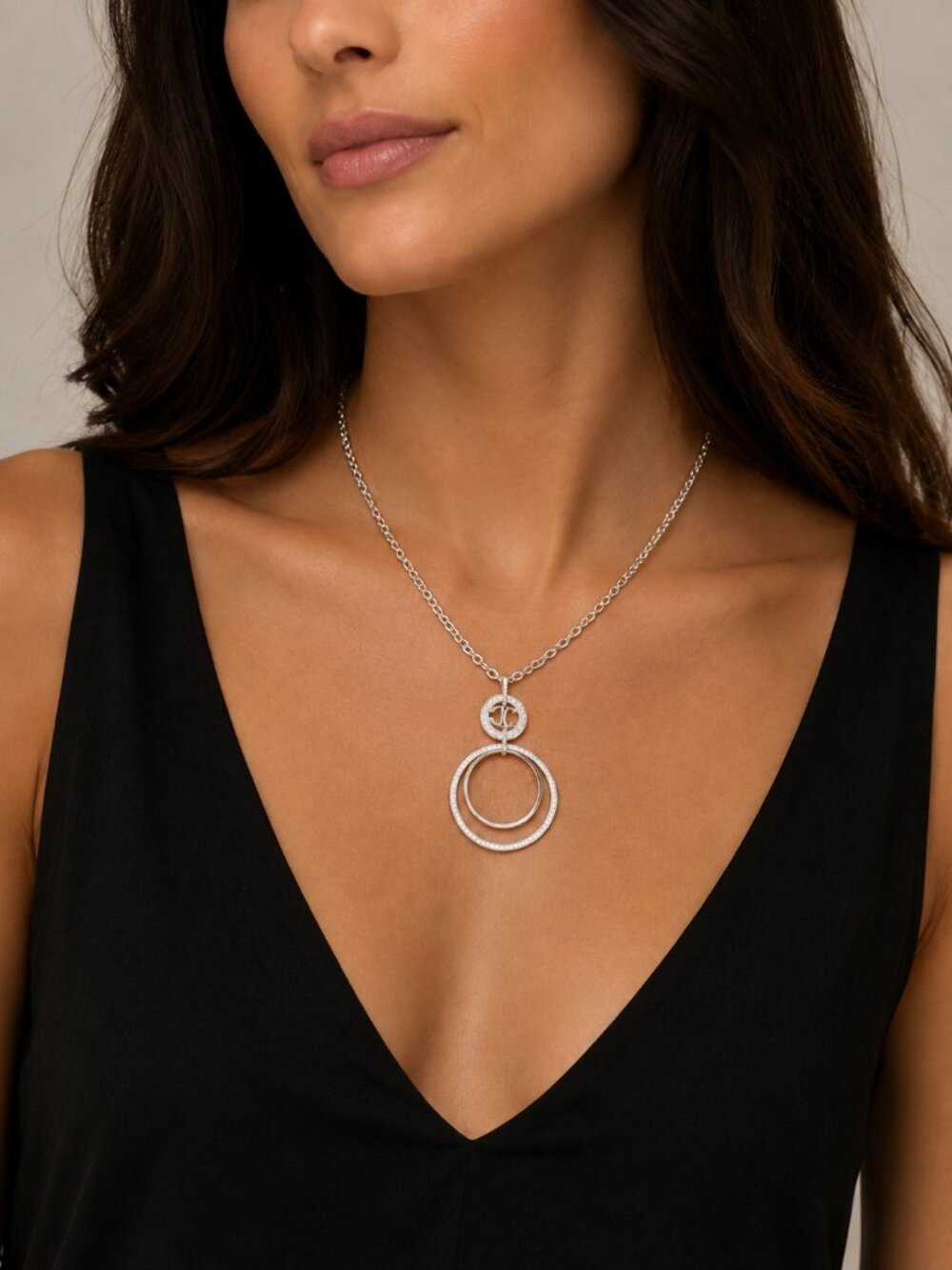 Just Cavalli Triple-Ring Pendant Necklace with Crystal & Logo Pendant